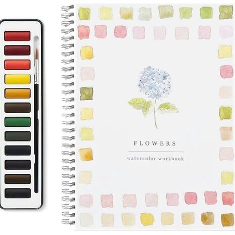 Βιβλίο Ζωγραφικής - χρωματισμού "Flowers" & 12 Νερομπογιές 16x24εκ 14 φύλλα (36246)