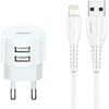 Φορτιστής τοίχου Usams T20 και καλώδιο Lightning Λευκό 2x USB, 2.1A, λευκός