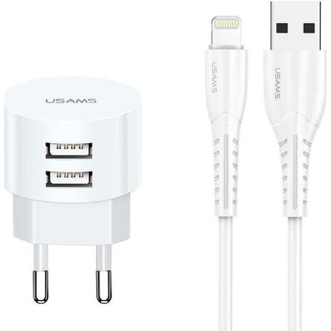 Φορτιστής τοίχου Usams T20 και καλώδιο Lightning Λευκό 2x USB, 2.1A, λευκός