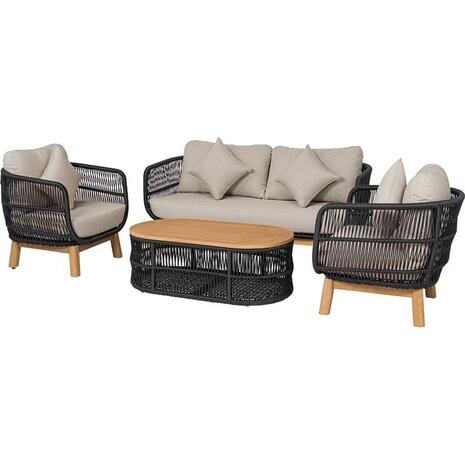 MARK Set Σαλόνι Κήπου 4 τεμαχίων Acacia Φυσικό, Rope Wicker Μαύρο, Μαξιλάρια Μπεζ (Ε2360,1)