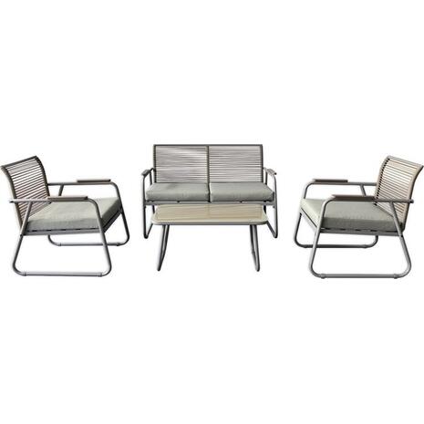 ROCCO Set Σαλόνι Κήπου 4τεμ, Μέταλλο Μπεζ, Rope Wicker Μπεζ, Μαξιλ.Μπεζ, Γυαλί Μπεζ (Ε6873,2)