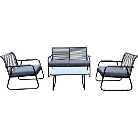 ROCCO Set Σαλόνι Κήπου 4τεμ, Μέταλλο Μαύρο,RopeWicker Γκρι, Μαξιλ.Σκούρο Γκρι, Γυαλί Μαύρο (Ε6873,1)