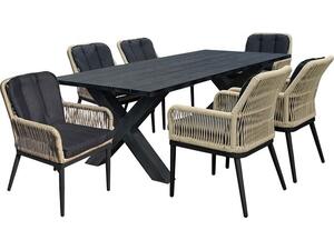 ALLEY Set Τραπεζαρία ALU Ανθρακί-Rope Φυσικό: Τραπέζι 180x94 + 6 Πολυθρόνες με Μαξιλ (Ε68421,S)
