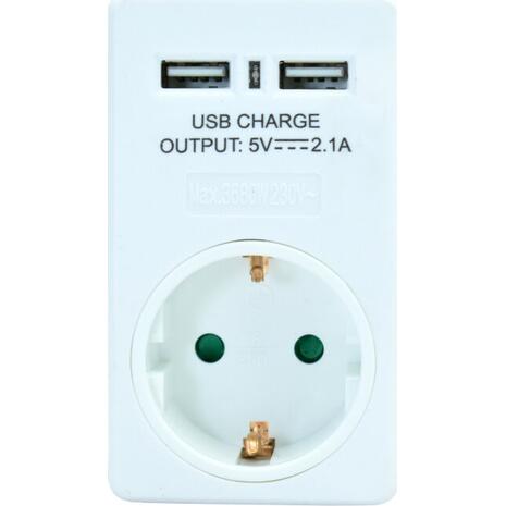 Αντάπτορας ρεύματος POWERTECH schuko PT-767, 2x USB, λευκός