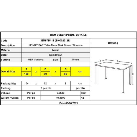 HENRY Τραπέζι BAR Μέταλλο Βαφή Σκούρο Καφέ - Sonoma (ΕΜ9795,1Τ)