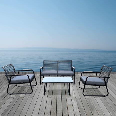 ROCCO Set Σαλόνι Κήπου 4τεμ, Μέταλλο Μαύρο,RopeWicker Γκρι, Μαξιλ.Σκούρο Γκρι, Γυαλί Μαύρο (Ε6873,1)