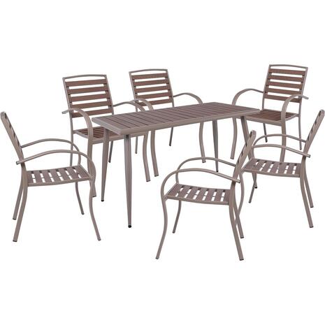 SERRANO Set Κήπου: Τραπέζι + 6 Πολυθρόνες, Μέταλλο Βαφή Sand Beige, Polywood Καρυδί (Ε6893,S)