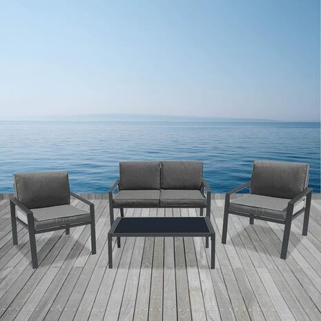RIVIAN Set Σαλόνι Κήπου 4τεμ, Μέταλλο Βαφή Ανθρακί, Μαξιλάρια Γκρι (Ε6846)