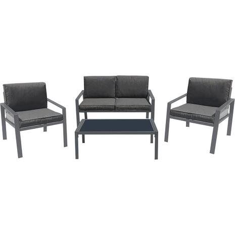 RIVIAN Set Σαλόνι Κήπου 4τεμ, Μέταλλο Βαφή Ανθρακί, Μαξιλάρια Γκρι (Ε6846)