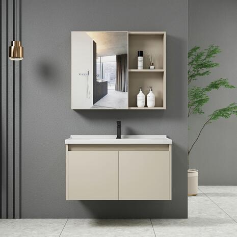 IDEA-1 Set Έπιπλο Μπάνιου Cream, Καθρέπτης + Πάγκος με Νιπτήρα και Μπαταρία (ΕΝ100,2)