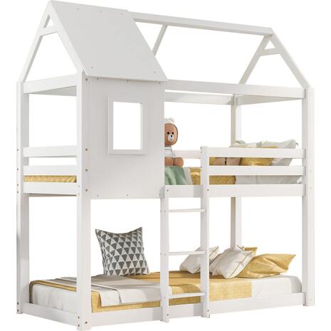 ΠΑΙΔΙΚΗ ΚΟΥΚΕΤΑ ΣΠΙΤΑΚΙ  τ.MONTESSORI HOOD HM705.03 ΞΥΛΟ ΠΕΥΚΟΥ ΣΕ ΛΕΥΚΟ-ΣΤΡΩΜΑΤΑ 190x90εκ