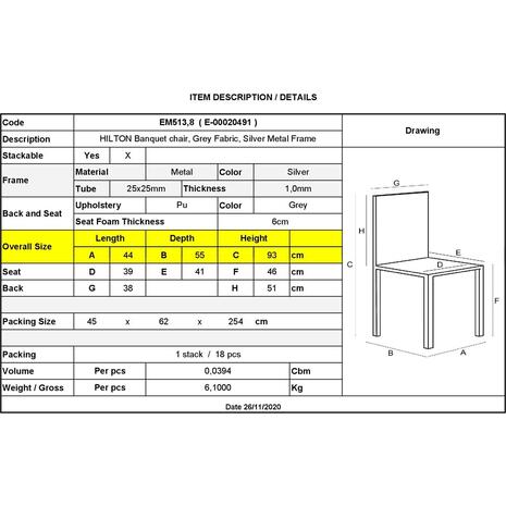 HILTON Καρέκλα Μέταλλο Βαφή Silver, Ύφασμα Γκρι (ΕΜ513,8) (Γκρι)