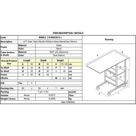 LIFT Βοηθητικό Τραπεζάκι Μέταλλο Βαφή Μαύρο, Melamine Απόχρωση Σκούρο Καρυδί (ΕΜ48,2)