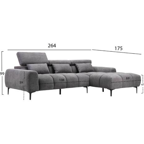 ΚΑΝΑΠΕΣ ΔΕΞΙΑ ΓΩΝΙΑ DIVYA HM3267.12R ΓΚΡΙ ΥΦΑΣΜΑ 264x175x99Υεκ.
