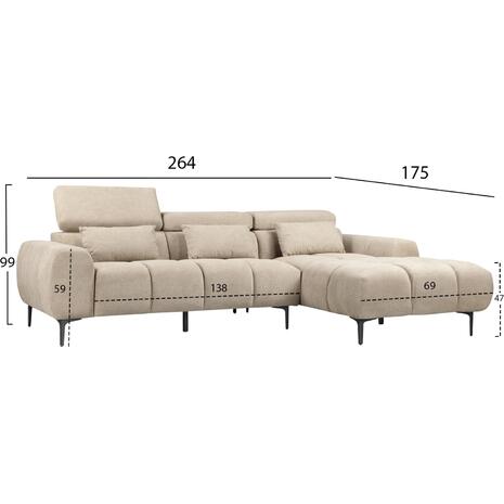 ΚΑΝΑΠΕΣ ΔΕΞΙΑ ΓΩΝΙΑ DIVYA HM3267.11R ΜΠΕΖ ΥΦΑΣΜΑ 264x175x99Υεκ.