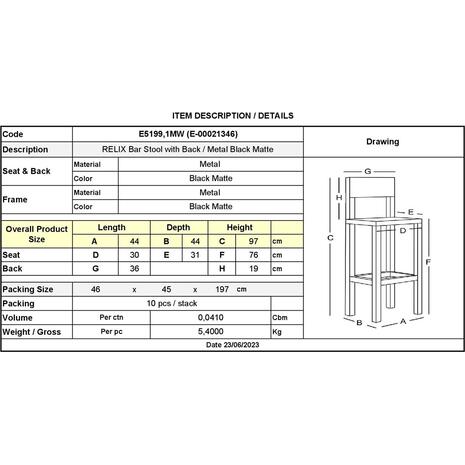 RELIX Σκαμπό Bar με Πλάτη, Μέταλλο Βαφή Μαύρο Matte (Ε5199,1ΜW)