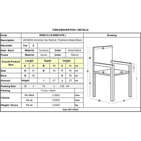 VEGERA Πολυθρόνα Dining Αλουμίνιο Βαφή Καρυδί Textilene Μαύρο, Στοιβαζόμενη (Ε258,12)