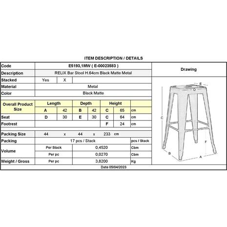 RELIX Σκαμπό Bar H.65cm, Στοιβαζόμενο, Μέταλλο Βαφή Μαύρο Matte (Ε5193,1ΜW)