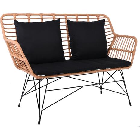 SALSA MAX Living Καναπές Κήπου 2Θέσιος, Μέταλλο Βαφή Μαύρο, Wicker Φυσικό, Μαξιλάρια Μαύρο (Ε285,Κ)
