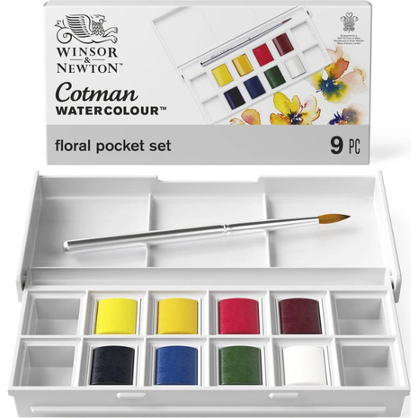 Κασετίνα Winsor & Newton Cotman Νερομπογιές με 8 πλακάκια Floral & Πινέλο