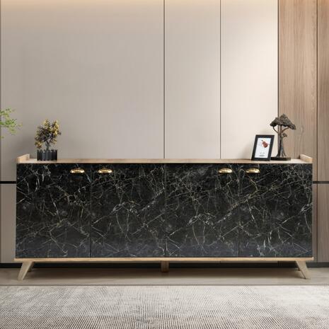 ΜΠΟΥΦΕΣ ΜΕΛΑΜΙΝΗΣ HM9045.01 NATURAL WOOD - ΜΑΥΡΟ ΜΑΡΜΑΡΟ 180x41x77,8Y εκ.