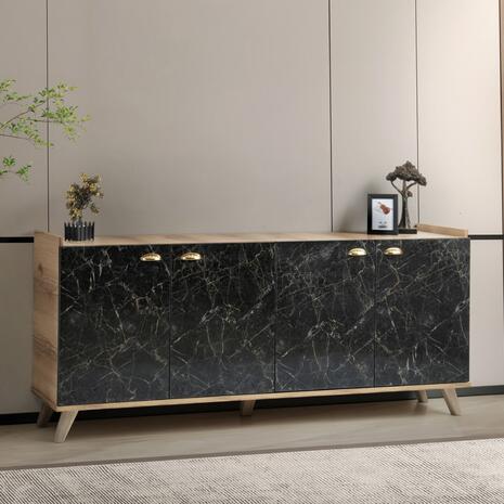 ΜΠΟΥΦΕΣ ΜΕΛΑΜΙΝΗΣ HM9045.01 NATURAL WOOD - ΜΑΥΡΟ ΜΑΡΜΑΡΟ 180x41x77,8Y εκ.