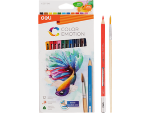 Ξυλομπογιές ακουαρέλας Deli Color Emotion συσκευασία 12 χρωμάτων +  δώρο πινέλο - Ανακαλύψε μεγάλη ποικιλία σε Ξυλομπογιές Ζωγραφικής όλων των τύπων καθώς και πολυτελείς, πλήρεις κασετίνες, ιδανικές για δώρο από το Oikonomou-shop.gr.