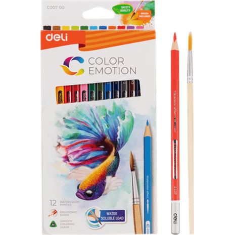 Ξυλομπογιές ακουαρέλας Deli Color Emotion συσκευασία 12 χρωμάτων +  δώρο πινέλο - Ανακαλύψε μεγάλη ποικιλία σε Ξυλομπογιές Ζωγραφικής όλων των τύπων καθώς και πολυτελείς, πλήρεις κασετίνες, ιδανικές για δώρο από το Oikonomou-shop.gr.