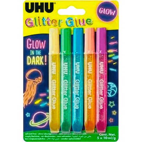 Χρυσόκολλες Glitter glue UHU Glitter Glow In The Dark (συσκευασία 6 τεμαχίων των 10ml) ασσορτί