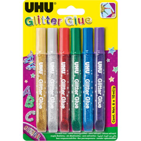Χρυσόκολλες Glitter glue UHU Original (συσκευασία 6 τεμαχίων των 10ml) ασσορτί