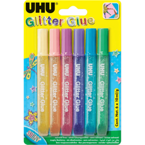 Χρυσόκολλες Glitter glue UHU Shiny (συσκευασία 6 τεμαχίων των 10ml) ασσορτί