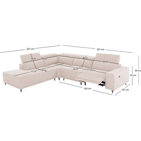 ΚΑΝΑΠΕΣ ΑΡΙΣΤΕΡΗ ΓΩΝΙΑ 5Θ ΜΕ RECLINE LUNARIS HM3316.02L ΕΚΡΟΥ ΥΦΑΣΜΑ 307x267x94Yεκ