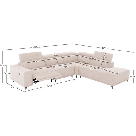 ΚΑΝΑΠΕΣ ΔΕΞΙΑ ΓΩΝΙΑ 5Θ ΜΕ RECLINE LUNARIS HM3316.02R ΕΚΡΟΥ ΥΦΑΣΜΑ 307x267x94Yεκ