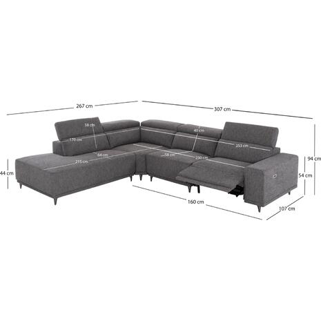 ΚΑΝΑΠΕΣ ΑΡΙΣΤΕΡΗ ΓΩΝΙΑ 5Θ ΜΕ RECLINE LUNARIS HM3316.01L ΓΚΡΙ ΥΦΑΣΜΑ 307x267x94Yεκ